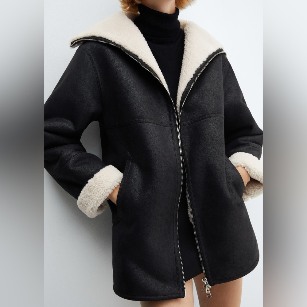 Mango Shearling-Lined Coat with Zip NWT